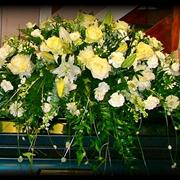 White Casket Top with hanging flowers